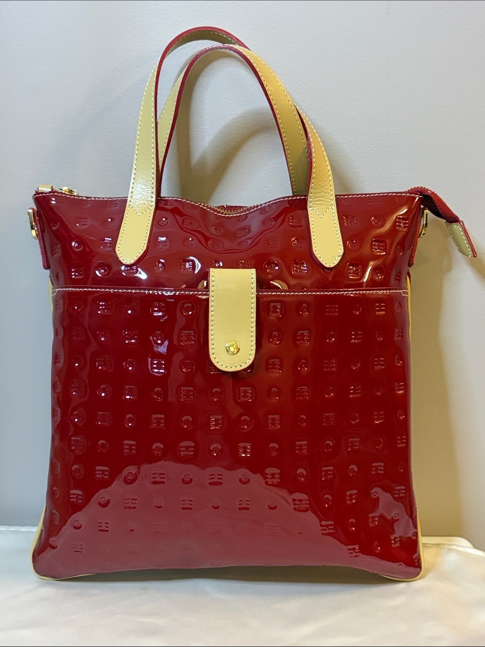 Arcadia Red Patent Tote with Cream Handles